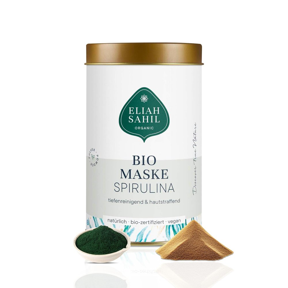 ELIAH SAHIL Organic Anti-Aging Spirulina Facial Mask 100 g – 28 Applications | Spirulina & Laminaria | Deep Cleansing with Healing Clay | Vegan & Certified Organic | Plastic-Free Glass Jar