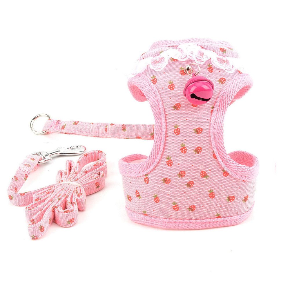ZUNEA Pink Strawberry Dog Harness and Leash Set, No-Pull Mesh Vest with Bell, Size L