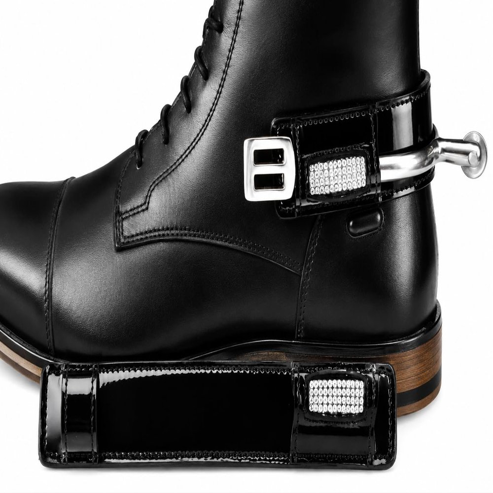Tysons Breeches Leather Spur Guards, Patent Black, Long Silver Glitter