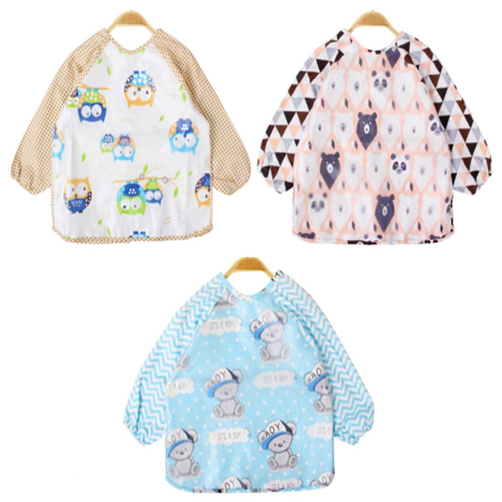 Chilsuessy 3-Pack Waterproof Long-Sleeve Bibs with Catch-All Pocket, Size 100