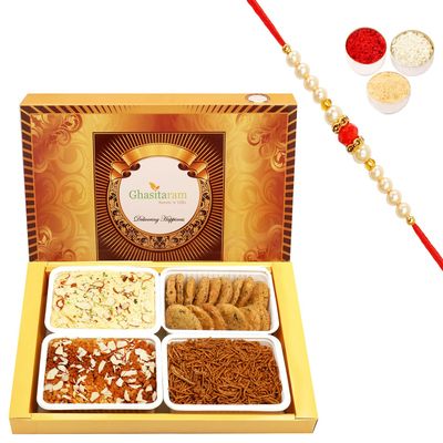 Ghasitaram Gifts Rakhi Gift Box for Brothers with Soan Papdi, Milk Cake, Methi Mathi, Soya Sev and Beaded Rakhi