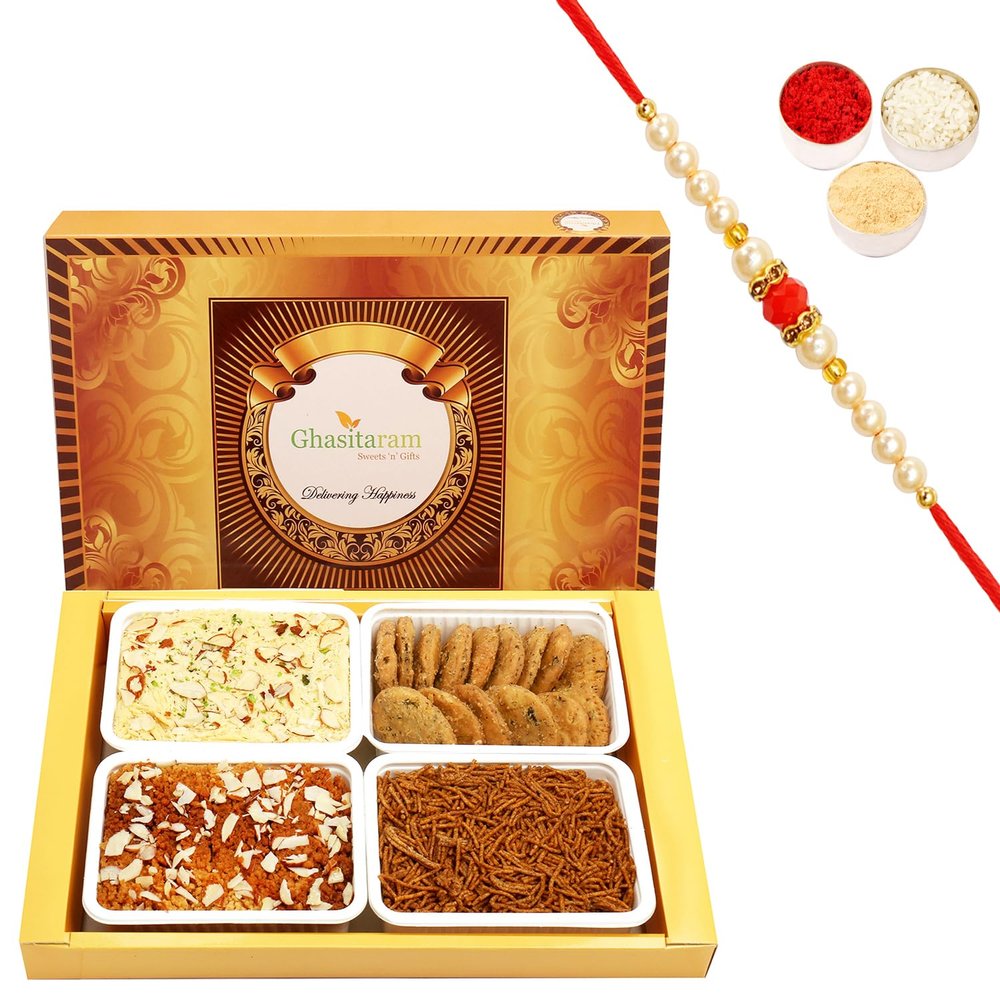 Ghasitaram Gifts Rakhi Gift Box for Brothers with Soan Papdi, Milk Cake, Methi Mathi, Soya Sev and Beaded Rakhi