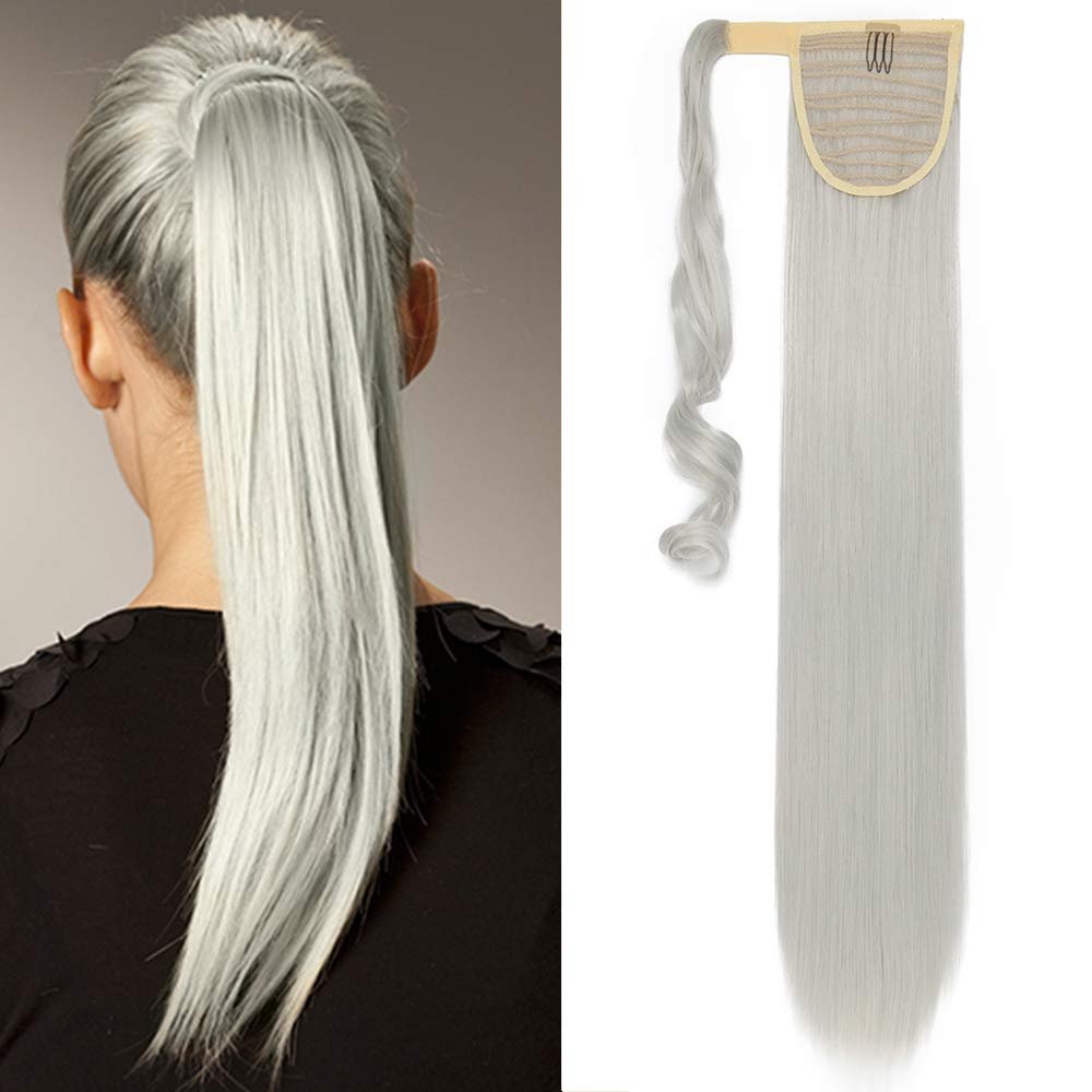 SEGO Clip-In Ponytail Extension, Wavy Hairpiece, Silver Gray, 26 in (66 cm)