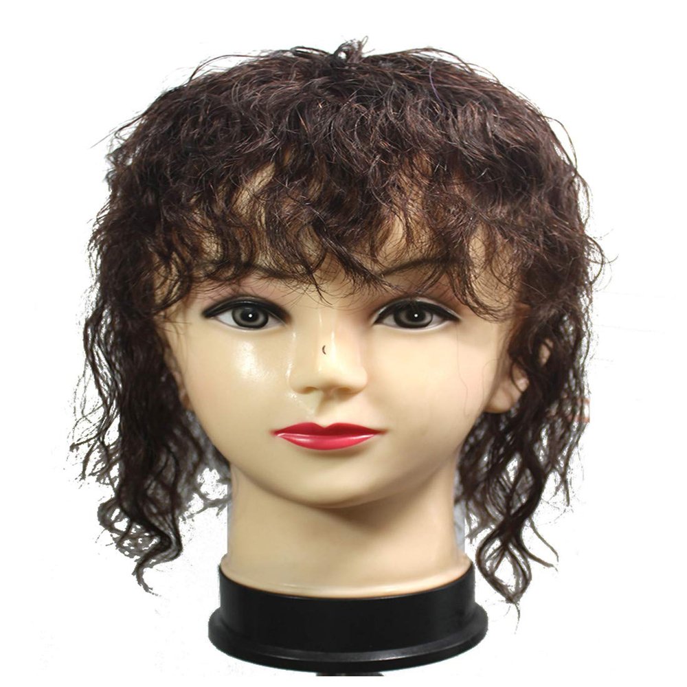 Curly Human Hair Topper with Bangs for Women, Clip-In Hairpiece for Volume and Hair Loss, Natural Black, 17.8 cm