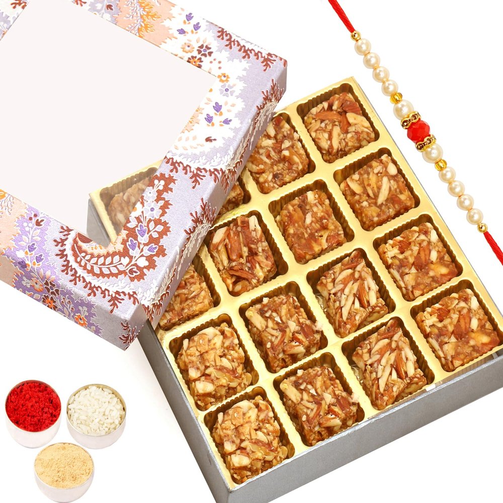 Ghasitaram Gifts Rakhi Gift for Brothers, Blue Printed, 16-Piece Roasted Almond Sugar-Free Bites Box with Beaded Rakhi