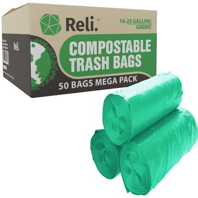 Reli Compostable Trash Bags, 50 Count, 25 Gallon, Green
