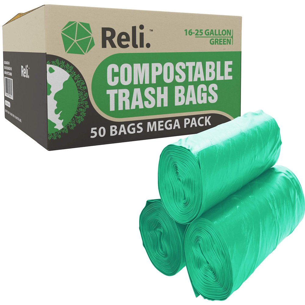 Reli Compostable Trash Bags, 50 Count, 25 Gallon, Green