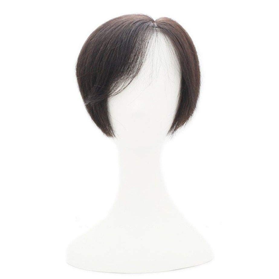 100% Human Hair Clip-In Hairpiece with Side Bangs, Handmade Mono Topper for Thinning Hair, 35.6 cm, #613 Blonde