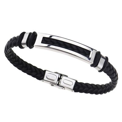OTOTEC 21 cm Black Braided Stainless Steel Faux Leather Bracelet, Non-Magnetic, for Women and Men