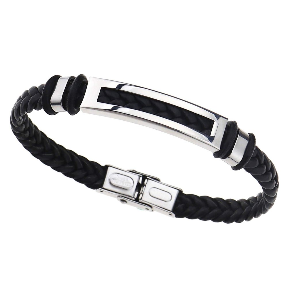 OTOTEC 21 cm Black Braided Stainless Steel Faux Leather Bracelet, Non-Magnetic, for Women and Men