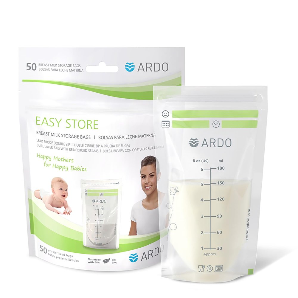 Ardo EASY STORE Breast Milk Storage Bags, 25 Count, 180 mL, Pre-Sterilized, Leakproof, BPA-Free, Swiss Quality Promise