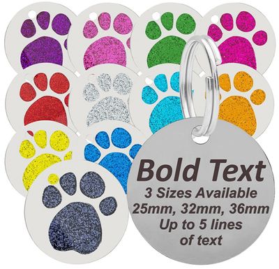 Personalized Round Glitter Paw Print Tag for Dogs/Cats, Size S/L (32 mm, Pink)