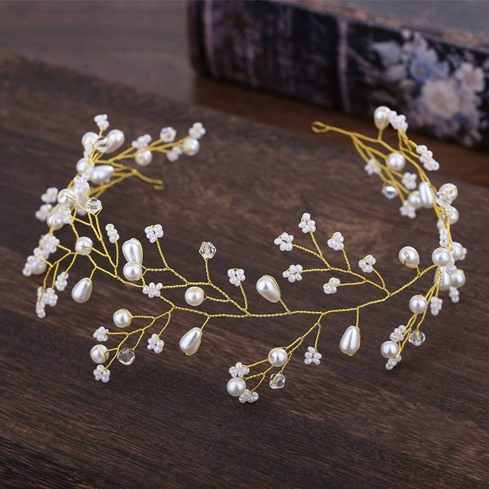 Crystal Headband, Gold European-Style Millet Pearl Bridal Alloy Headpiece