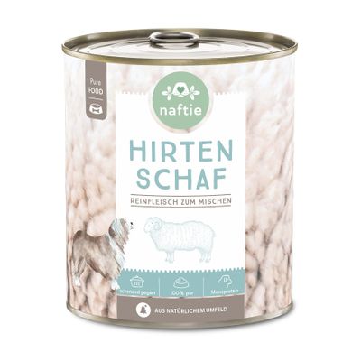 naftie Premium Dog Food 100% Shepherd Sheep - Pure Meat - Wet Food for Mixing, BARF Meat - Gluten-Free Grain-Free - 800g Cans