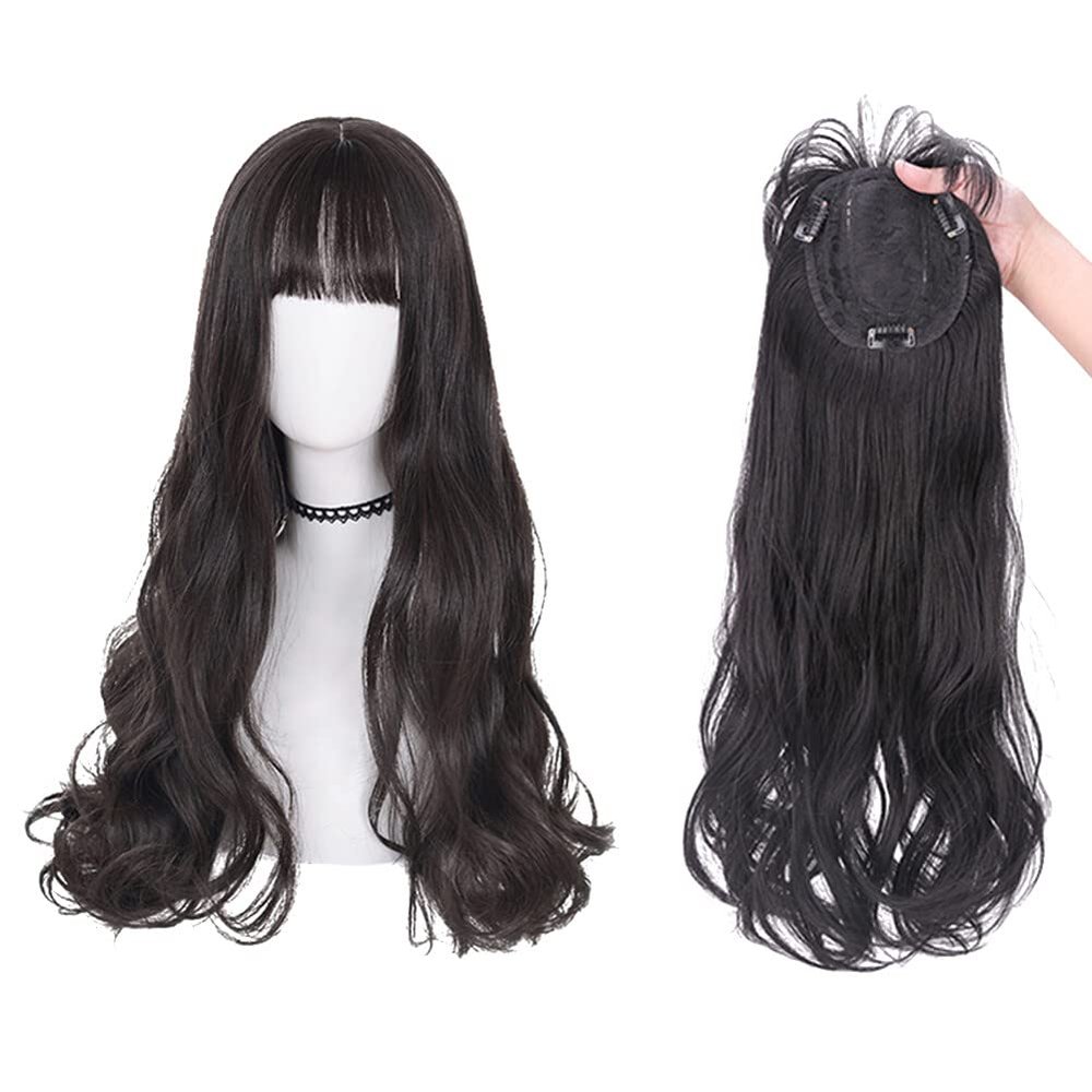 Clip-In Hair Topper, Lightly Wavy with Wavy Bangs, Dark Brown