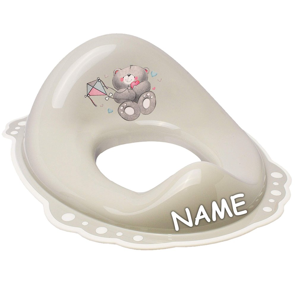 Bieco Anti-Slip Toilet Seat Reducer, Light Gray Teddy with Dragon, Personalized Name