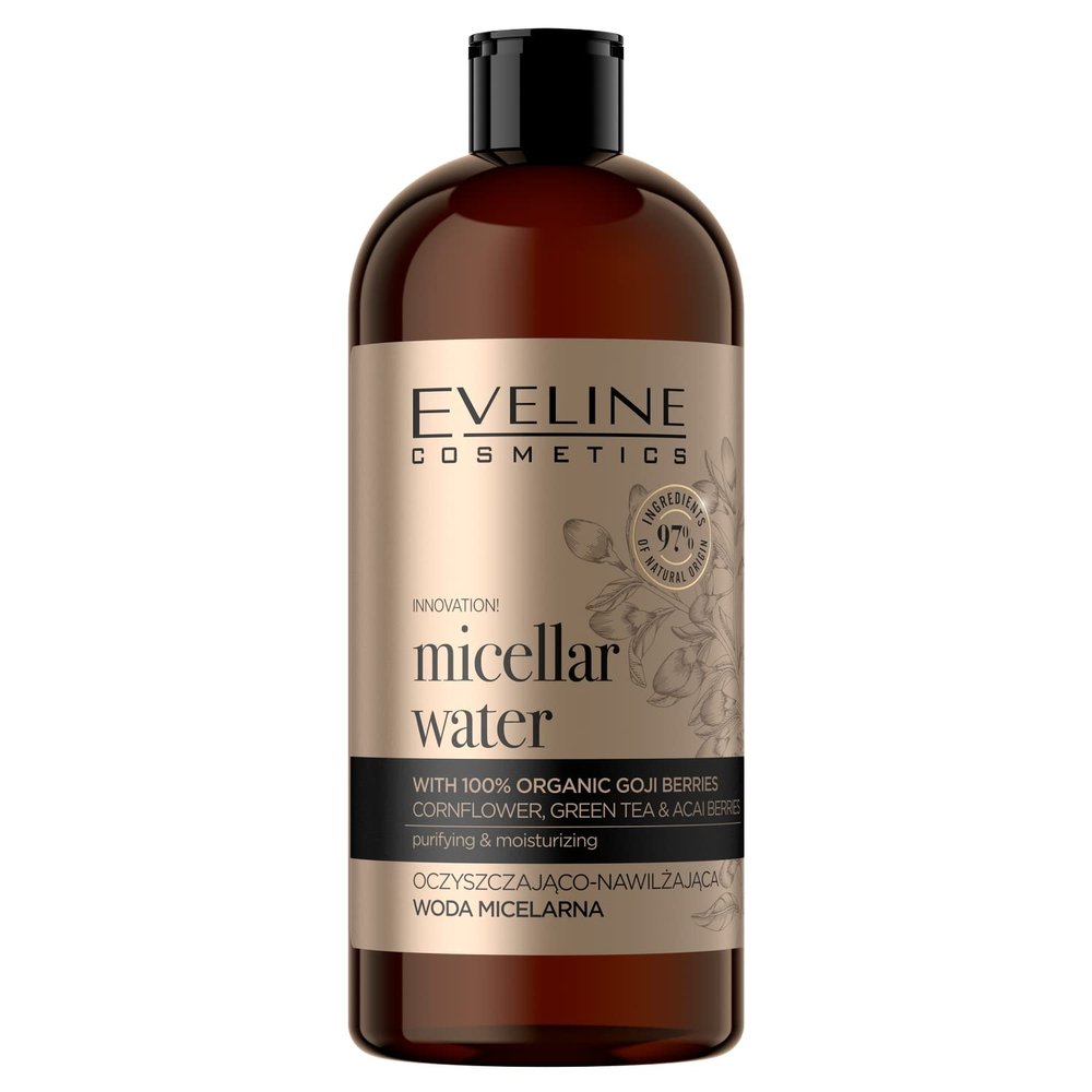 Eveline Cosmetics Organic Gold Cleansing & Hydrating Micellar Water with Goji Berries, Cornflower & Green Tea, 500 mL