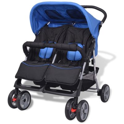 yorten Foldable Twin Stroller with Rain Cover, Steel and Oxford Fabric, Blue and Black