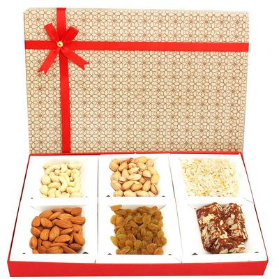 Ghasitaram Gifts Indian Sweets Diwali Gift Box, Beige, 6-Part Sugar-Free Bites, Diet Chiwda and Dried Fruits