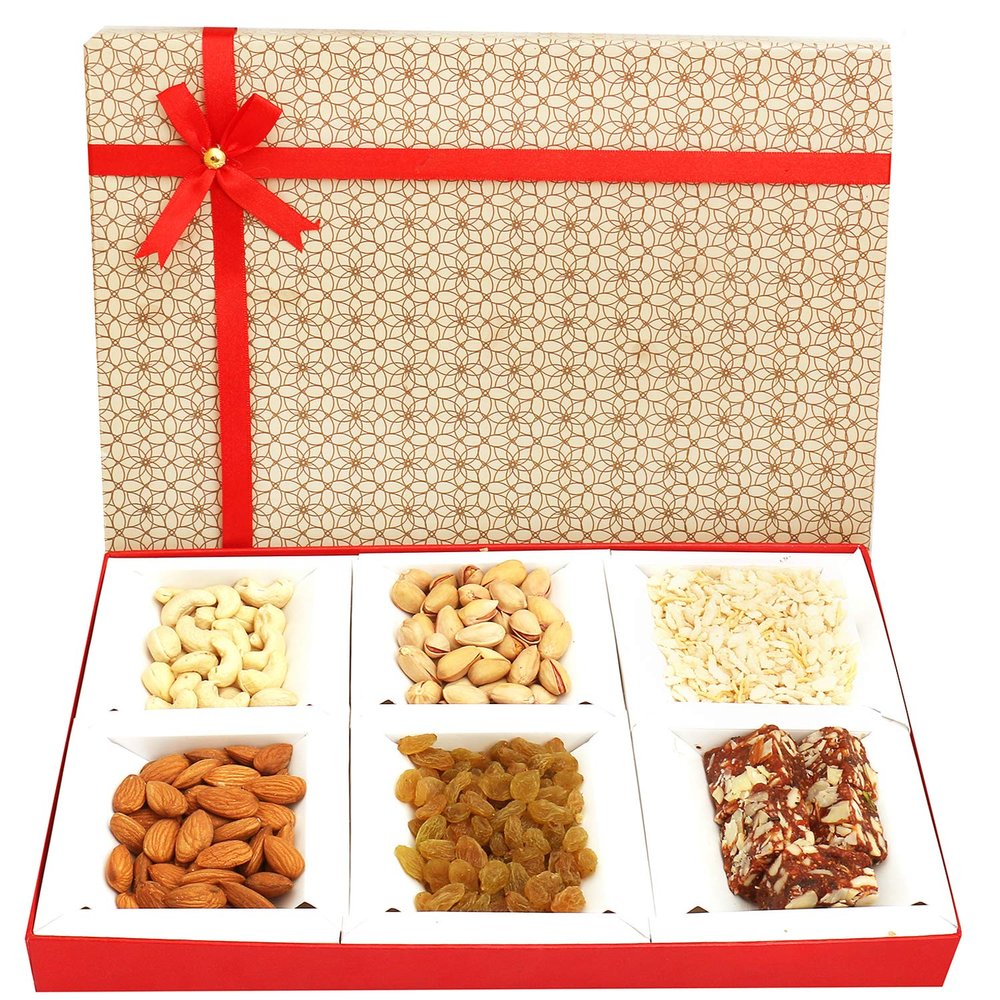 Ghasitaram Gifts Indian Sweets Diwali Gift Box, Beige, 6-Part Sugar-Free Bites, Diet Chiwda and Dried Fruits
