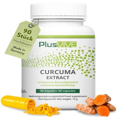 PlusVive High-Dose Turmeric Extract Capsules | 90 Capsules | 200 mg Turmeric Extract & 450 mg Turmeric Powder | With Piperine, Papain & Spirulina | Vegan & Lab-Tested