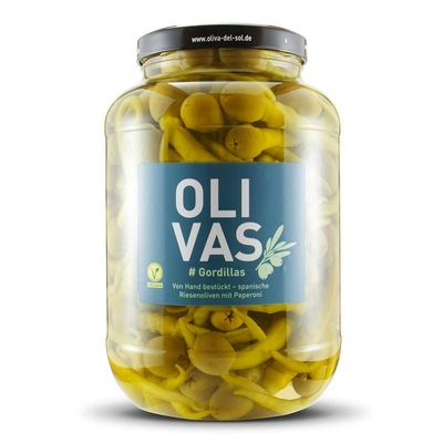 OLIVAS Gordillas, 2,500 g Gallon Jar, Hand-Stuffed, Pitted Spanish Giant Olives with Peppers