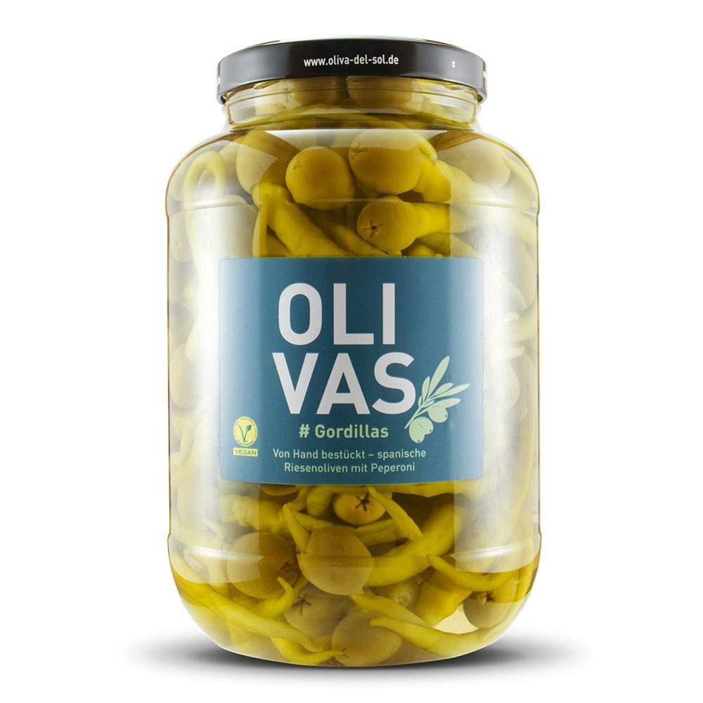 OLIVAS Gordillas, 2,500 g Gallon Jar, Hand-Stuffed, Pitted Spanish Giant Olives with Peppers