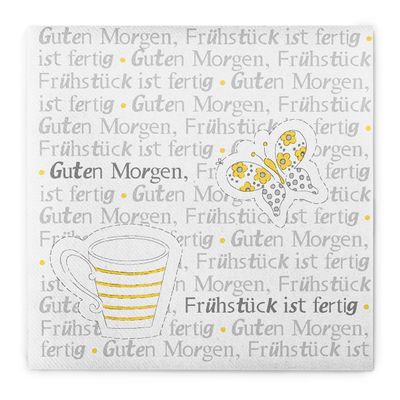 Mank Airlaid Napkins 33 x 33 cm, 1/4 Fold, “Breakfast Is Ready!”, 50 Count, Yellow-Gray