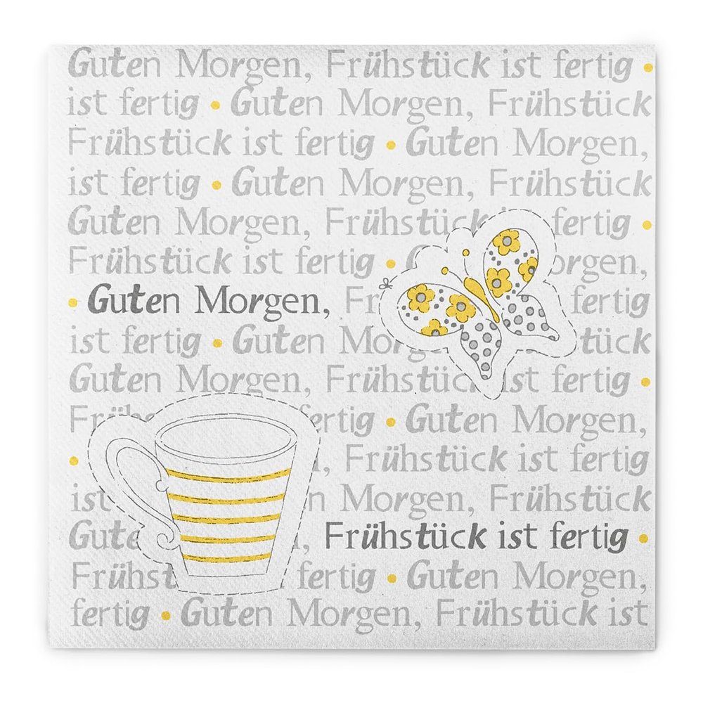 Mank Airlaid Napkins 33 x 33 cm, 1/4 Fold, “Breakfast Is Ready!”, 50 Count, Yellow-Gray