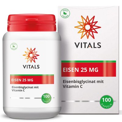 Vitals Iron Bisglycinate 25 mg with Vitamin C 200 mg, 100 Capsules