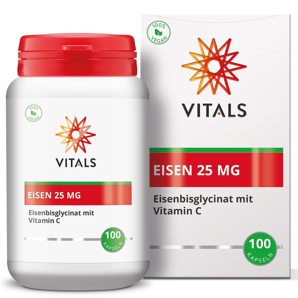 Vitals Iron Bisglycinate 25 mg with Vitamin C 200 mg, 100 Capsules