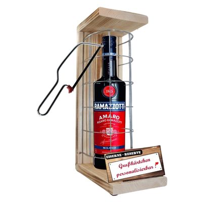 Personalized Gift for Men and Women – Iron Reserve Cage, Red Text, Ramazzotti Liqueur (1 x 0.70 L) with Saw