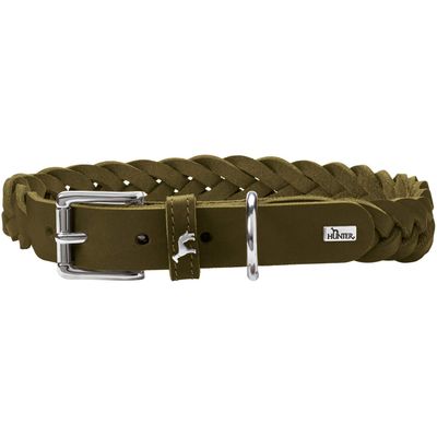 HUNTER SOLID EDUCATION SPECIAL Dog Collar, Leather, Hand-Braided, 50 (S-M), Olive