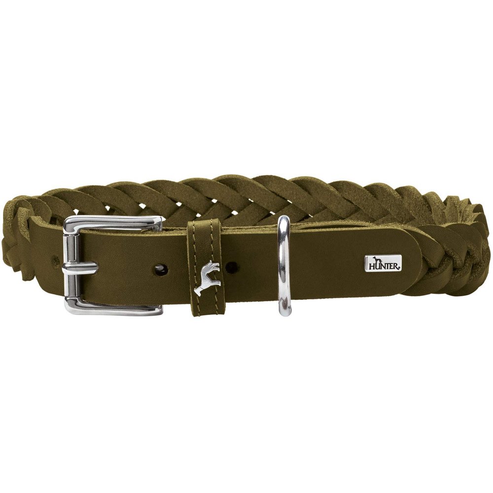 HUNTER SOLID EDUCATION SPECIAL Dog Collar, Leather, Hand-Braided, 50 (S-M), Olive