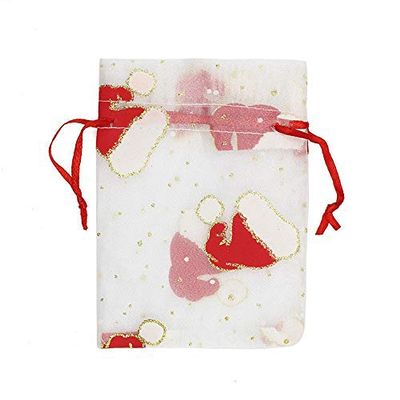 Uteruik Christmas Organza Drawstring Bags, Reusable, Printed Christmas Hat Design, for Cookies and Sweets, 10 x 15 cm, 50 Pack