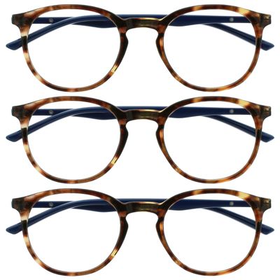 OPULIZE MET Blue-Light-Filtering Reading Glasses for Women and Men, 3-Pack, Round Frames, UV400, Brown Tortoiseshell, +3.00