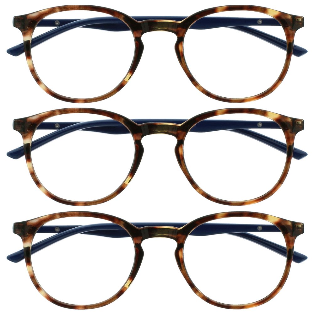 OPULIZE MET Blue-Light-Filtering Reading Glasses for Women and Men, 3-Pack, Round Frames, UV400, Brown Tortoiseshell, +3.00