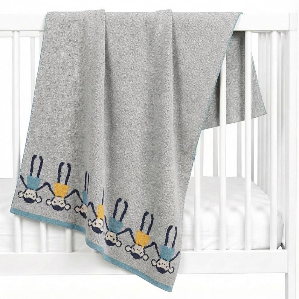 Sevira Kids Organic Cotton Baby Blanket, Knitted Monkey Design