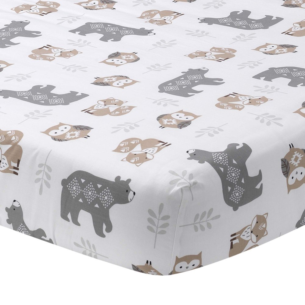 Lambs & Ivy Fitted Crib Sheet, Woodland, White/Gray, 100% Cotton