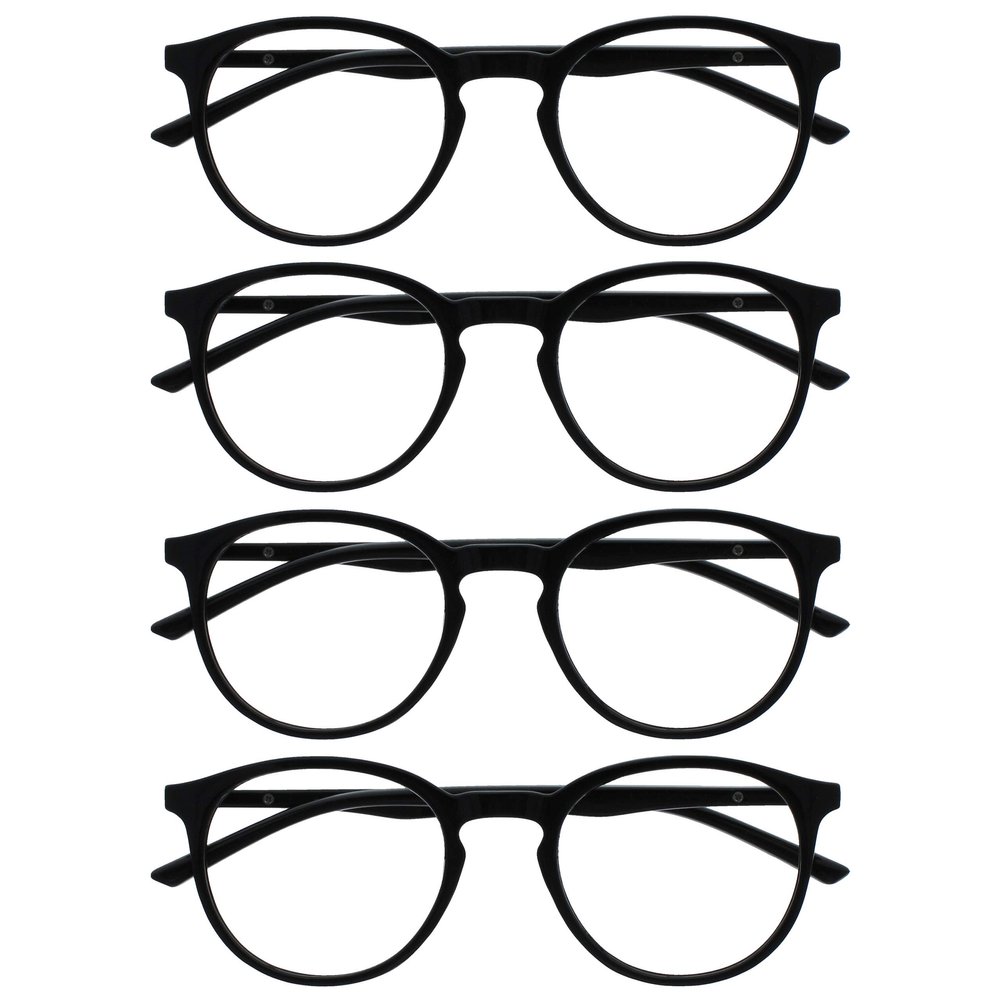 OPULIZE Met Reading Glasses 4-Pack, Slim Round Frame, Spring Hinges, Scratch-Resistant, Black, Men’s and Women’s, RRRR60-1, +1.00