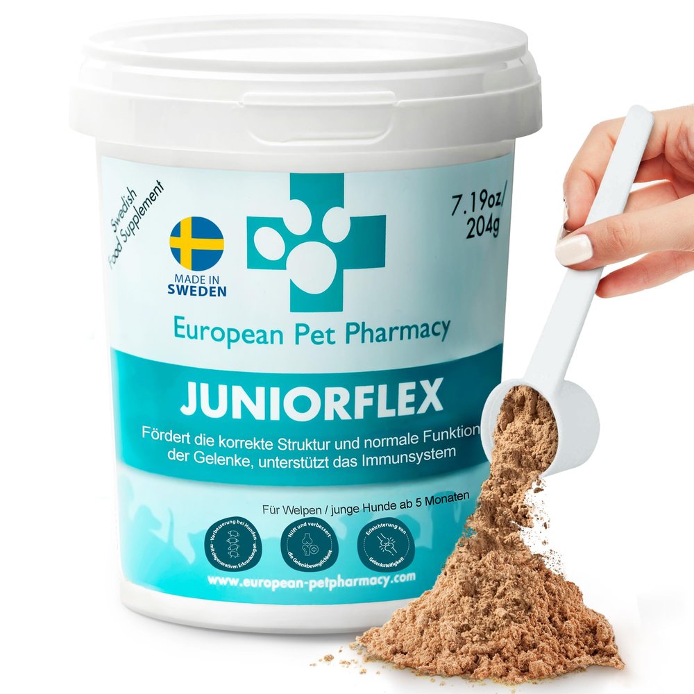 European Pet Pharmacy JUNIORFLEX 204 g Green-Lipped Mussel Powder for Dogs & Puppies with Glucosamine, Chondroitin & Vitamin C, Joint Complex for Ages 4–18 Months