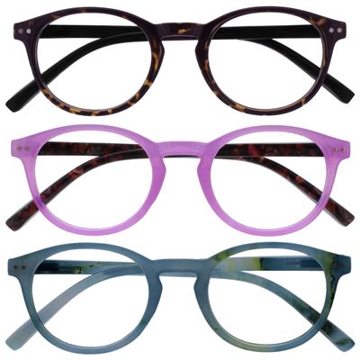 OPULIZE Zen Reading Glasses, 3-Pack, Small Round Frames, Spring Hinges, Scratch-Resistant, +2.00