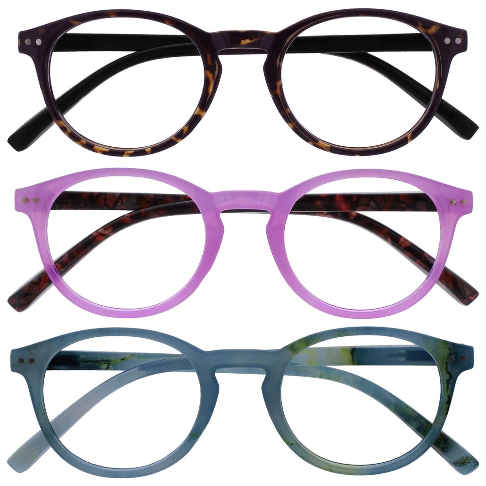 OPULIZE Zen Reading Glasses, 3-Pack, Small Round Frames, Spring Hinges, Scratch-Resistant, +2.00
