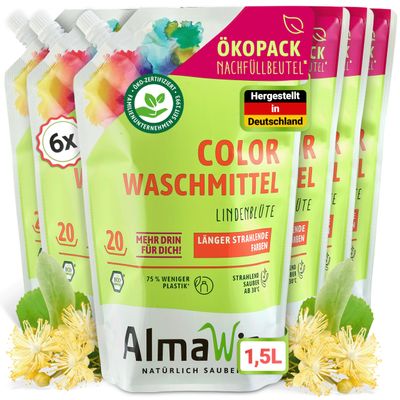 AlmaWin Liquid Color Laundry Detergent, 6 x 1.5 L, 120 Loads, Refill Pouches