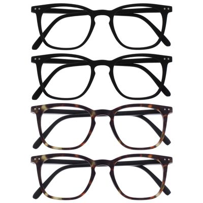 OPULIZE Bex Reading Glasses 4-Pack, Large Square Designer Frames, Spring Hinges, Scratch-Resistant, Matte Black/Matte Brown Tortoiseshell, +2.50