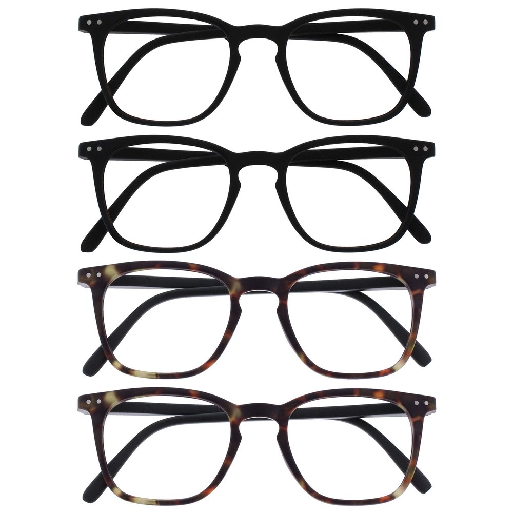 OPULIZE Bex Reading Glasses 4-Pack, Large Square Designer Frames, Spring Hinges, Scratch-Resistant, Matte Black/Matte Brown Tortoiseshell, +2.50