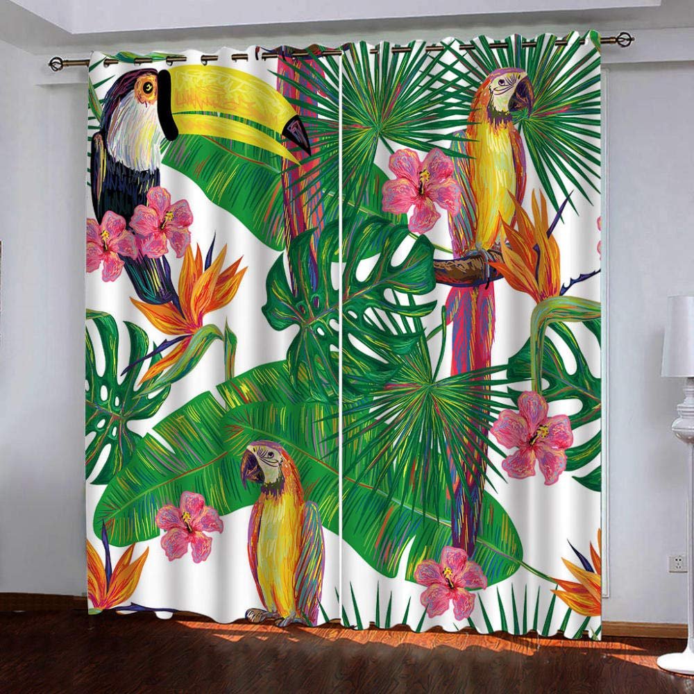 PERFECTPOT Tropical Plant and Parrot Blackout Curtain, Opaque, Noise-Reducing, 150 x 166 cm