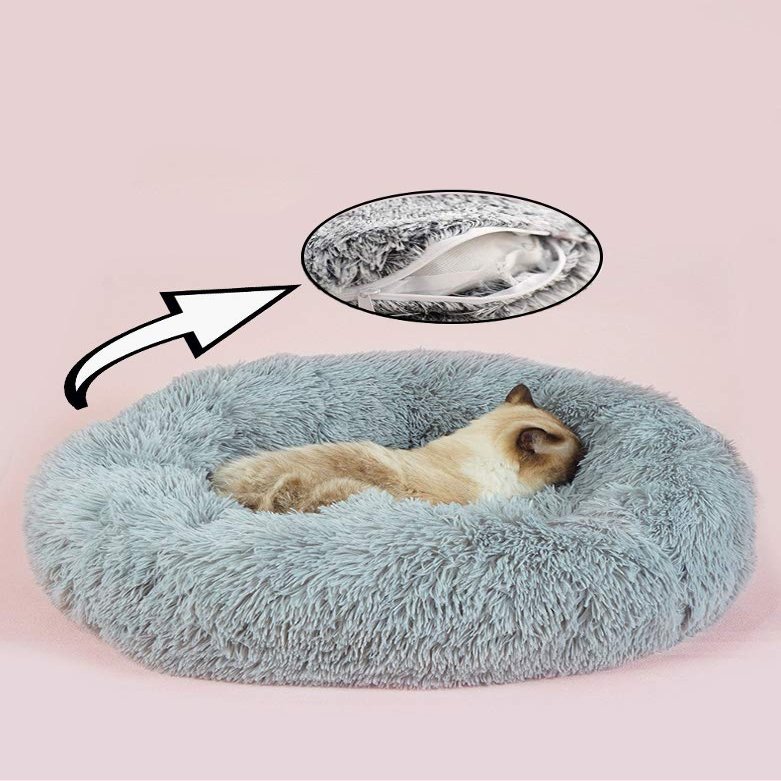 Snuggly Calming Cat Bed, Donut Cave, Plush Faux-Fur Cushion with Washable Cover, Non-Slip, Warm Winter Sleep Basket