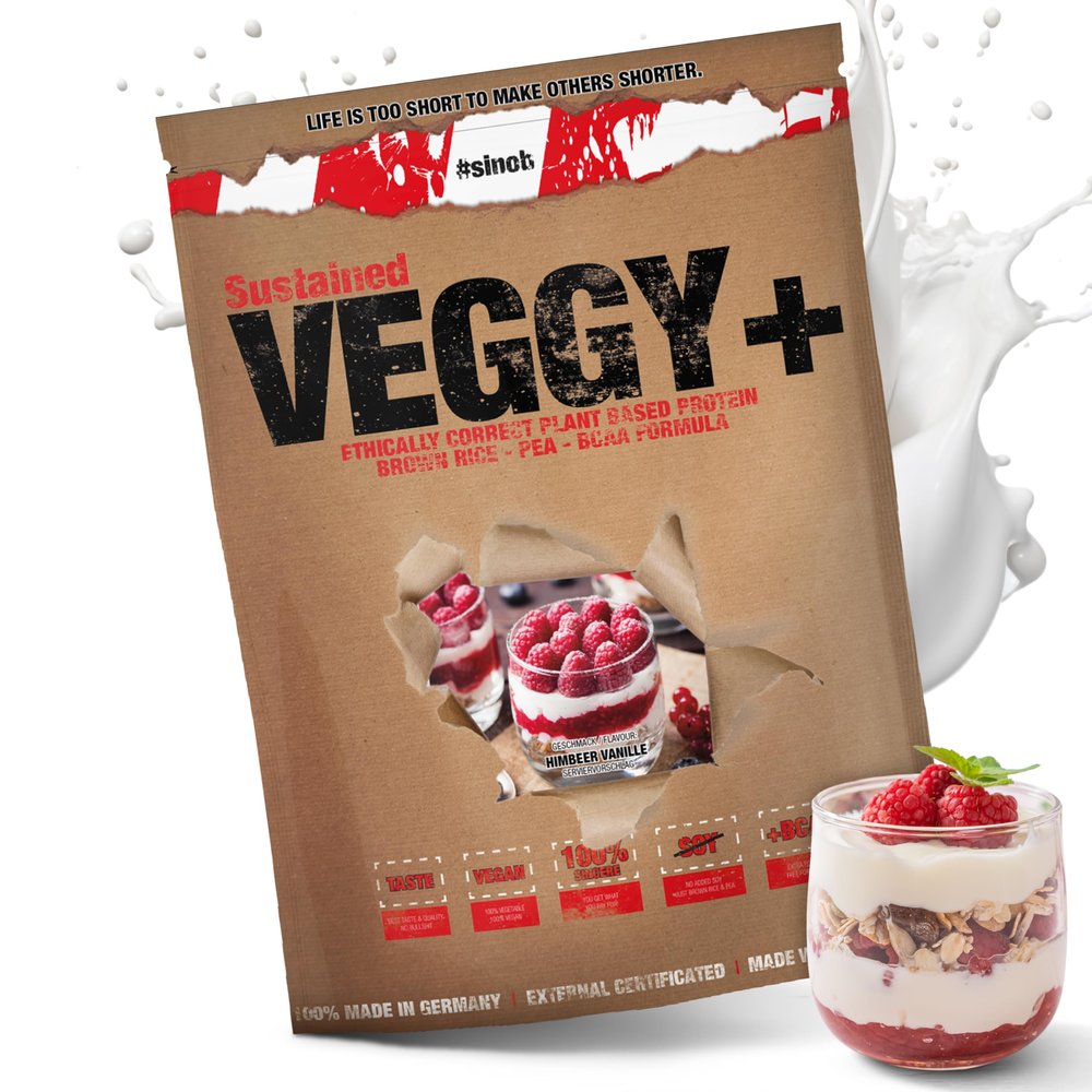 Veggy+ Vegan Protein Powder Vanilla Raspberry, Rice & Pea Protein with Vegan BCAAs, 900 g, 70% Protein