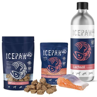 ICEPAW Combo Pack: Salmon Pure Wet Food 400 g, Salmon Oil 1,000 ml & Salmon Snacks 150 g
